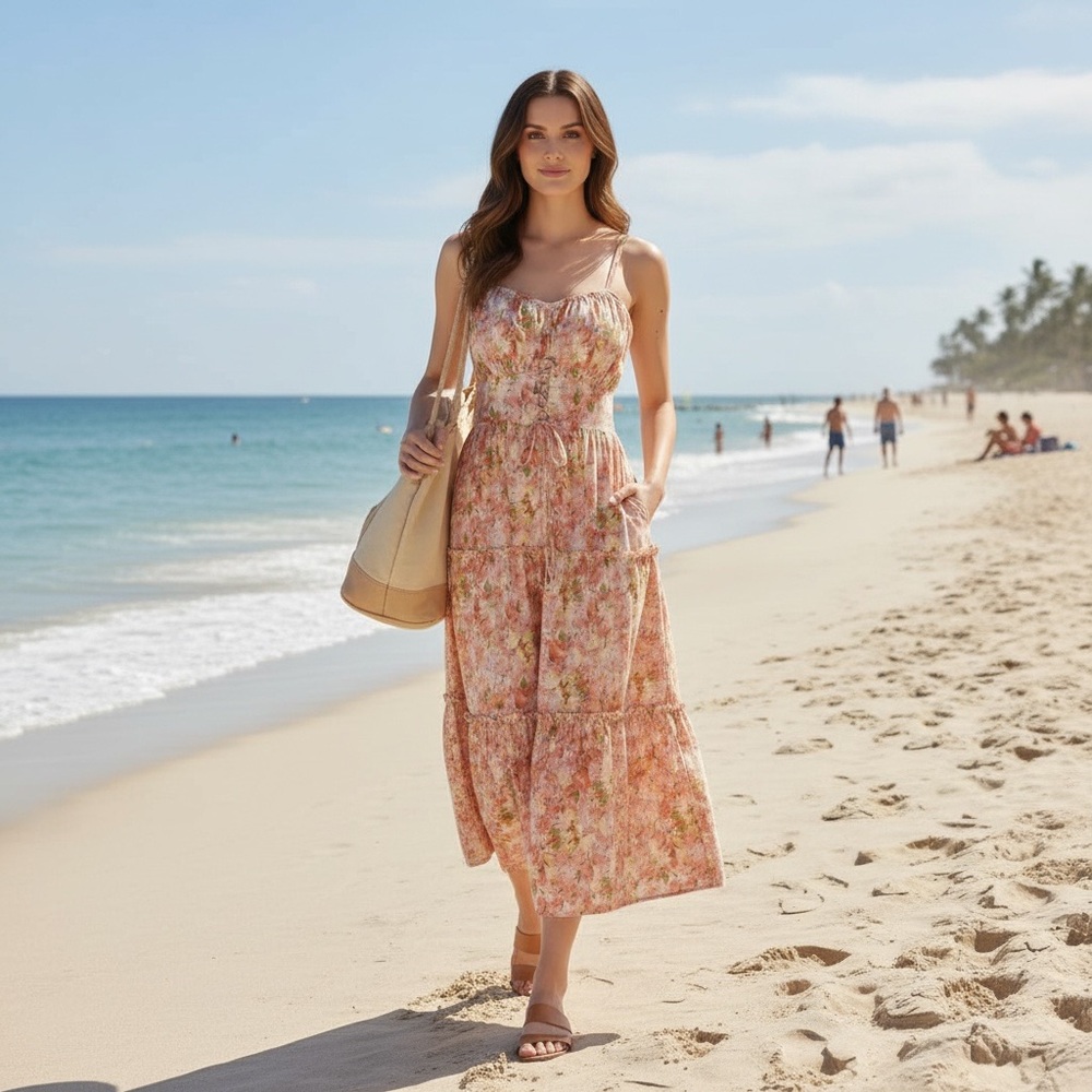Grace Karin Peach/Pink Floral Flowy Boho Beach Summer Midi Sundress NWT L
